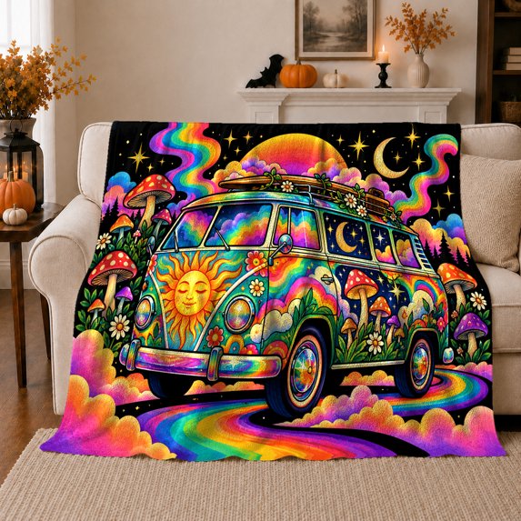 surreal Hippie Van Life Road Trip decorative motif Celestial, Festive Botanical Garden Scene, Warm Flannel Blanket for Sunroom and Reading Nook, Garden Lovers Housewarming Gift, Botanical Home Decor