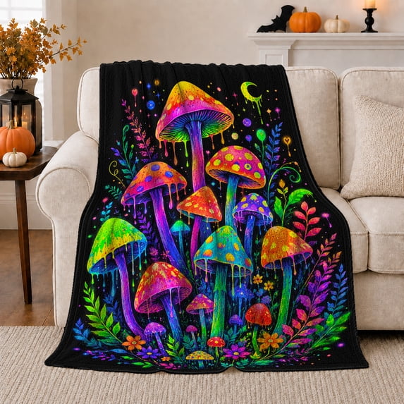 Surreal Glowing Neon Foliage, Mystical Celestial Scene, Warm Flannel Blanket for Sunroom and Reading Nook, Garden Lovers Housewarming Gift, Fantasy Home Decor