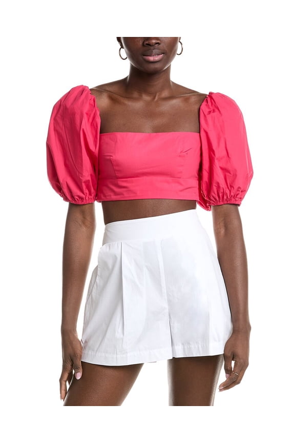 womens Poplin Puff Sleeve Crop Top, l, Pink
