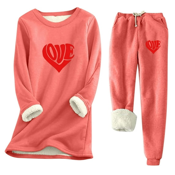 sususu 2 Piece Lounge Set Women,Fall Sets Women's Winter Thermal Trousers Suit Lined Print Pants Set For Cold Weather Comfort And Warmth - Watermelon Red
