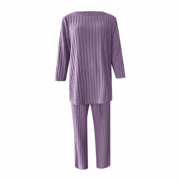 sususu 2 Piece Sets for Women Fall,Fall Clothes Two Piece Loungewear Set Soft Long Sleeve Round Neck Tunic Top And Comfortable Wide Leg Trousers Cozy Fashion Outfit - Purple