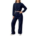 thumbnail image 1 of sususu 2 Piece Sets for Women Fall,Sweat Set Stylish Women's Two Piece Outfit Round Neck Long Sleeve Blouse with Flowy Wide Leg Trousers Comfortable Elastic Drawstring Waistband - Navy, 1 of 4