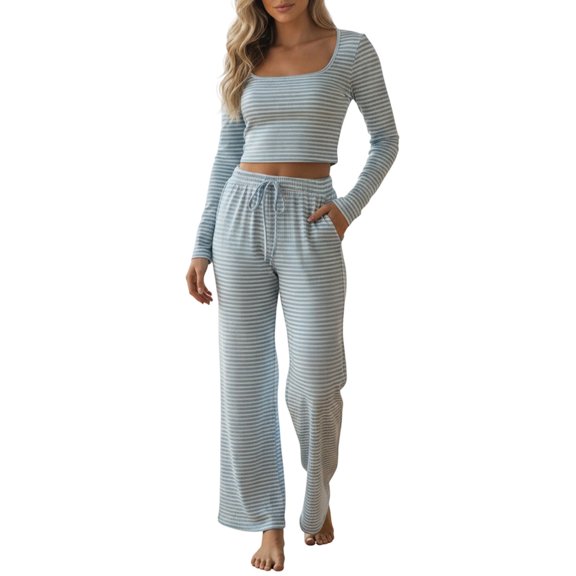 sususu 2 Piece Sets for Women,Sweat Set Autumn Winter Striped Knitted Trousers Two Piece Set for Women Stylish Square Neck Casual Outfit Comfortable Daily Wear - Blue