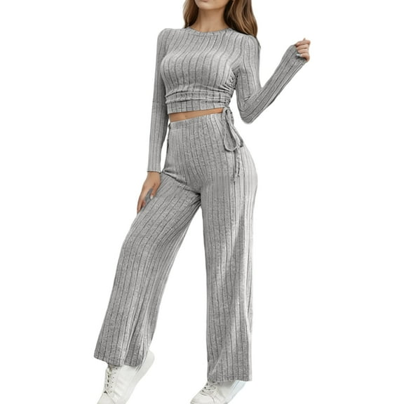 sususu 2 Piece Sets for Women,Sweat Set Women's Knit Sweatshirt And Pants Two Piece Outfit Soft Casual Long Sleeve Comfortable Trousers For Everyday Wear And Home Relaxation - Grey