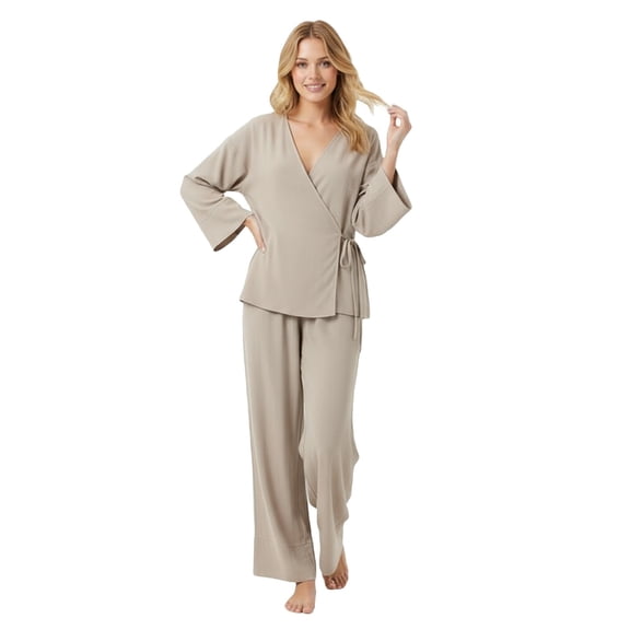 sususu 2 Piece Sets for Women,Sweat Set V Neck Double Kimono Style Cardigan And Loose Solid Pants Women Trousers Suit Set for Casual and Wear - Khaki