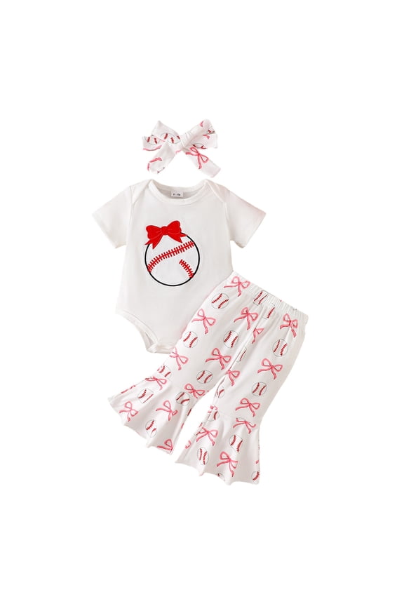 Adorable Girls Outfits 2 piece Baseball Embroidered Romper Bodysuit with Pants Casual Play Outfit Set,White,3-6 Months
