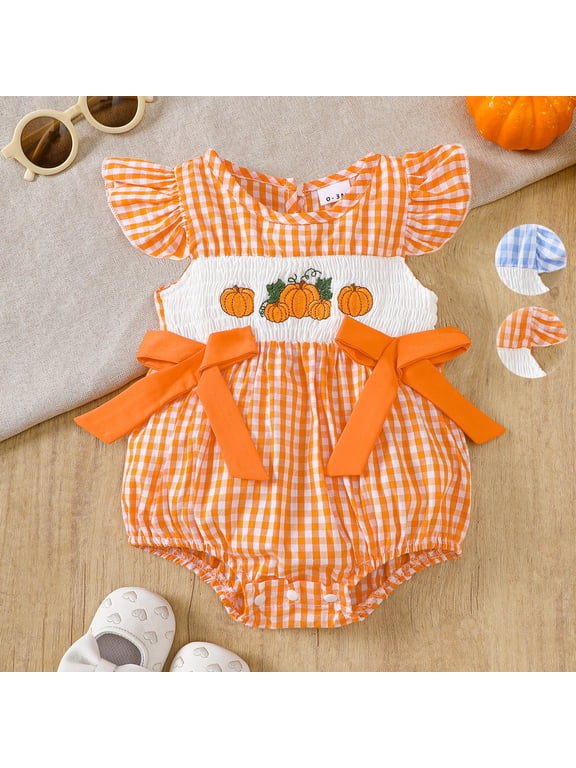 Baby Girl Halloween Outfit Pumpkin Ghost Bubble Smocked Romper Plaid Bodysuit Fall Winter Clothes (Orange,6-12 Months)