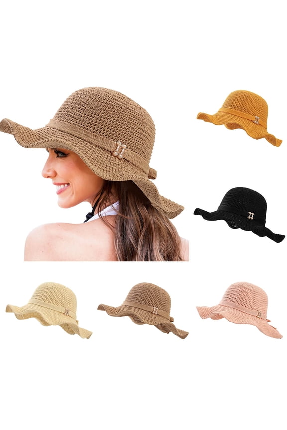 Beach Hats for Women , Hiking Hat , Beach Hat Women Women's Hand-Woven Crochet Straw Sun Hat Wide Brim Floppy Boater Hat for Outdoor Summer Beach Travel Gardening Khaki
