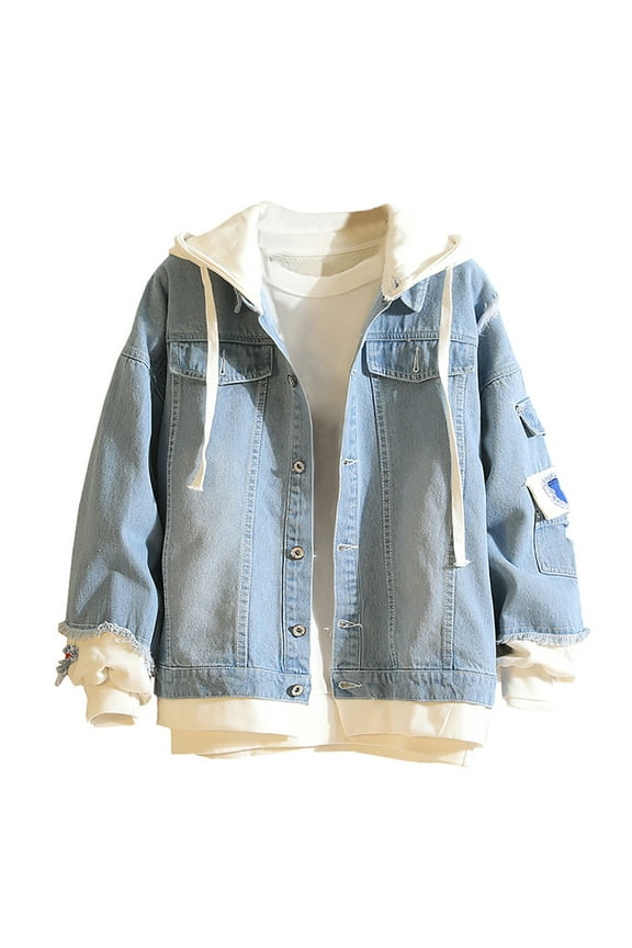 Black Jean Jacket,Blue Jacket,Distressed Denim Jacket With Detachable Hood Casual Loose Fit Streetwear Style Two Piece Washed Coat For