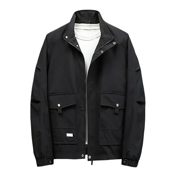 sususu Bomber Jacket Men Leather Brown ,Spring/Fall Solid Colour Loose Fit Outdoor Casual Hoodless Jacket,Black,XXL