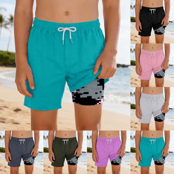 sususu Boys Swim Trunks with Compression Liner Stretch 2 In 1 Vintage Swim Shorts with Boxer Brief Casual Bathing Bottom Pink 9-10 Years