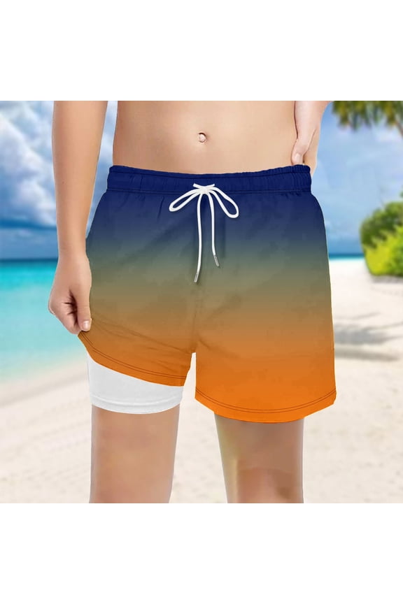 Boys Swim Trunks with Mesh Lining Stretch 2 In 1 Swimsuit Toddler Boy with Boxer Brief Print Bathing Bottom Orange 11-12 Years