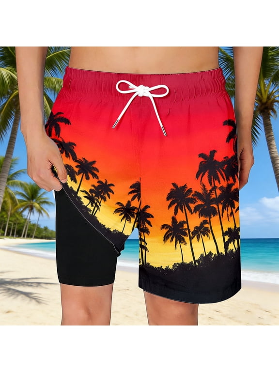 Boys Swim Trunks with Mesh Lining Stretch Swimsuit Toddler Boy with Boxer Brief Print Beachwear Red 8-9 Years