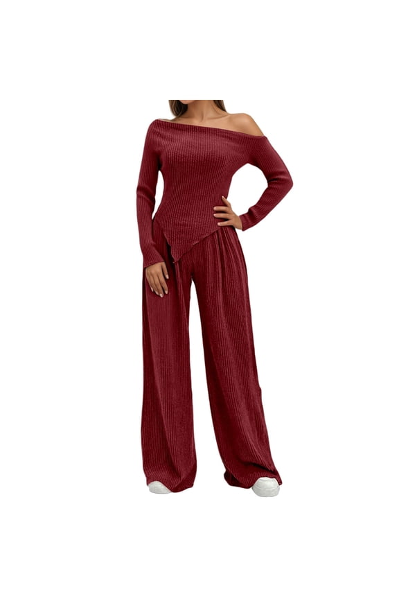 Casual Outfits for Women,Fashion Clothing Women's Two Piece Comfort Outfit Relaxed Drop Shoulder Tee with Flowy Wide Leg Pants Soft Casual Wear Set for Everyday - Red