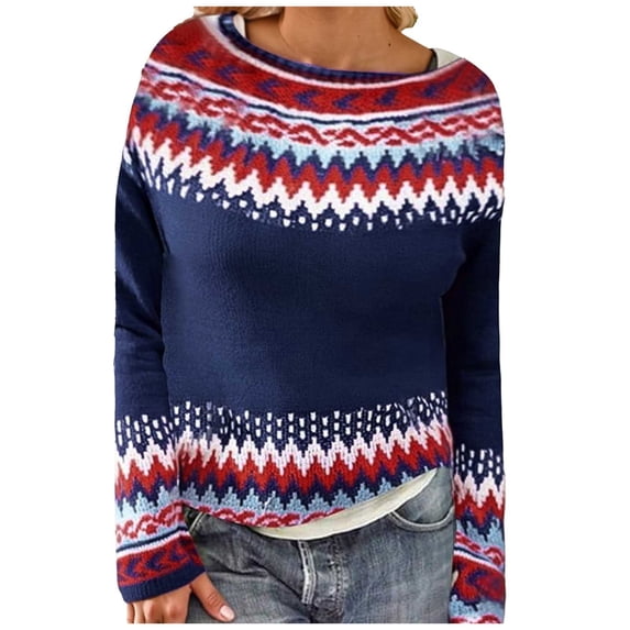 sususu Christmas Fair Isle Sweater Women Ethnic Argyle Sweaters Colorful Striped Long Sleeve Neck Pullover Jumper Top,A02-Blue,L