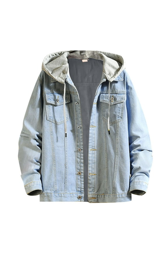 Denim Hoodie,Biker Jacket Men,Classic Denim Jacket with Hood Autumn Spring Casual Outerwear Coat for Daily Street Style