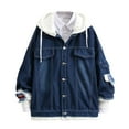 thumbnail image 1 of sususu Denim Jacket,Biker Jacket Men,Distressed Denim Jacket With Detachable Hood Casual Loose Fit Streetwear Style Two Piece Washed Coat For, 1 of 3