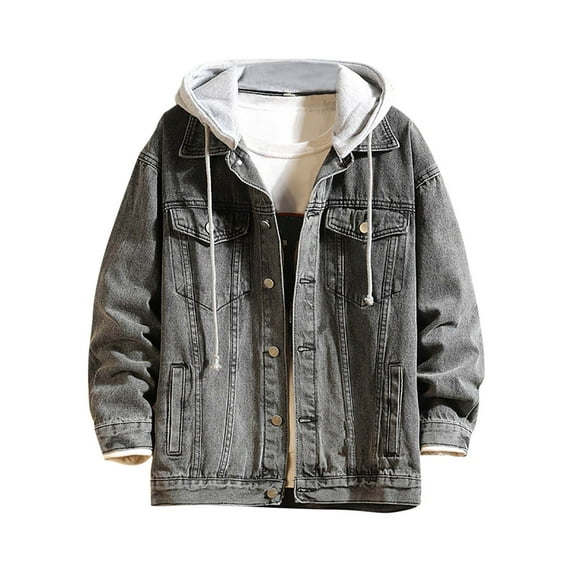 sususu Denim Jacket For Men,Black Hoodie,Classic Denim Jacket Autumn Spring Casual Outerwear Coat With Adjustable Hood And Snap Button Closure