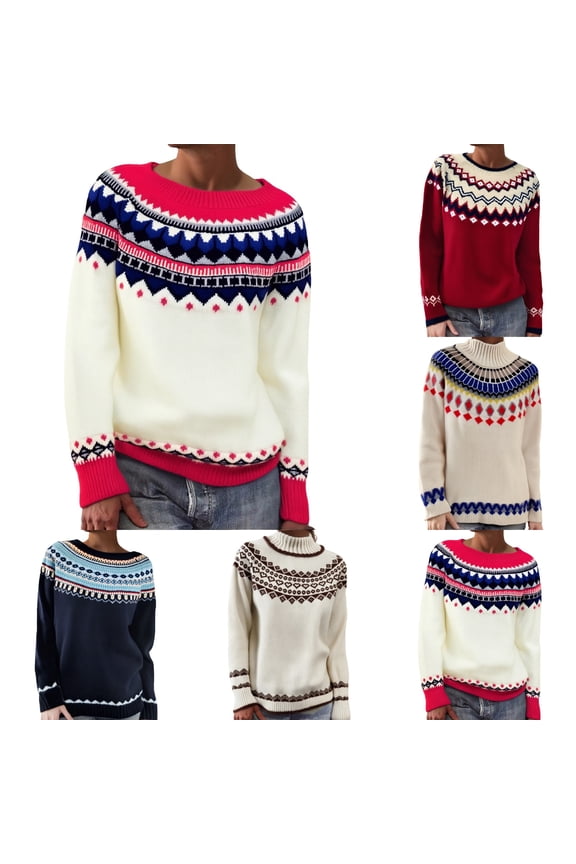 Fair Isle Christmas Sweater Women Casual Knitted Sweater Long Sleeve Boat Neck Colorful Striped Pullover Jumper Top,A04-Red,XXL