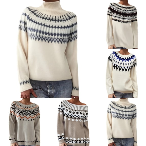 sususu Fair Isle Christmas Sweater Women Oversized Knitted Sweater Retro Lightweight Long Sleeve Boat Neck Pullover Jumper Top,A02-Black,XXXL