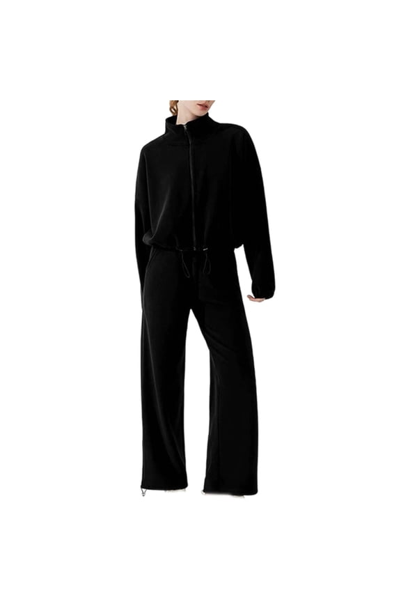 Fall Sets for Women,Fall Clothes Women's Zip Front Hooded Tracksuit Set Cozy Two Piece Outfit with Collar Jacket and Athletic Pants for Casual Wear - Black