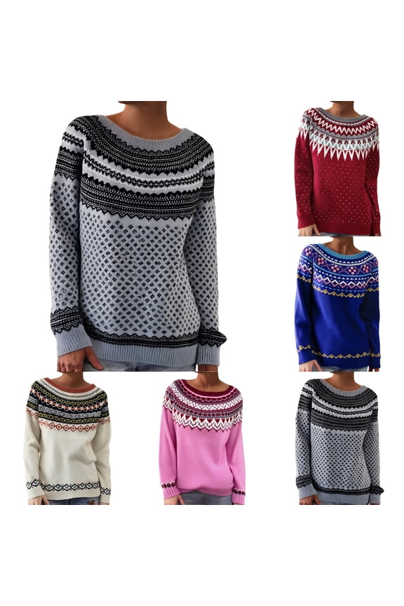 Fall Sweaters for Women Argyle Iceland Norway Sweater Long Sleeve Crewneck Colorful Striped Loose Pullover Jumper Tops,A02-Red,XXL