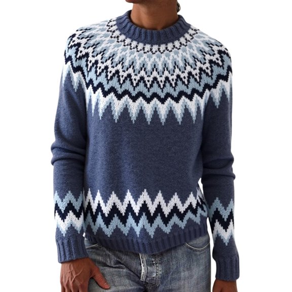 sususu Fall Sweaters for Women Casual Knitted Sweaters Long Sleeve Crew Neck Fairisle Pattern Loose Pullover Jumper Top,A01-Dark Blue,XL