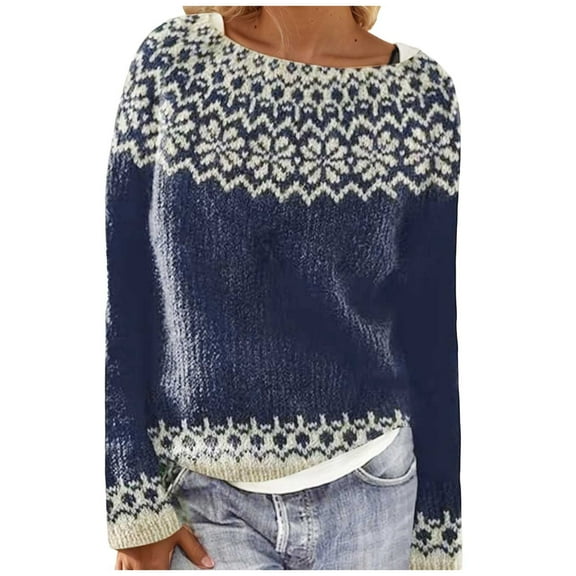 sususu Fall Sweaters for Women Oversized Knitted Sweater Fairisle Pattern Crewneck Long Sleeve Pullover Jumper Tops,A05-Blue,XXXL