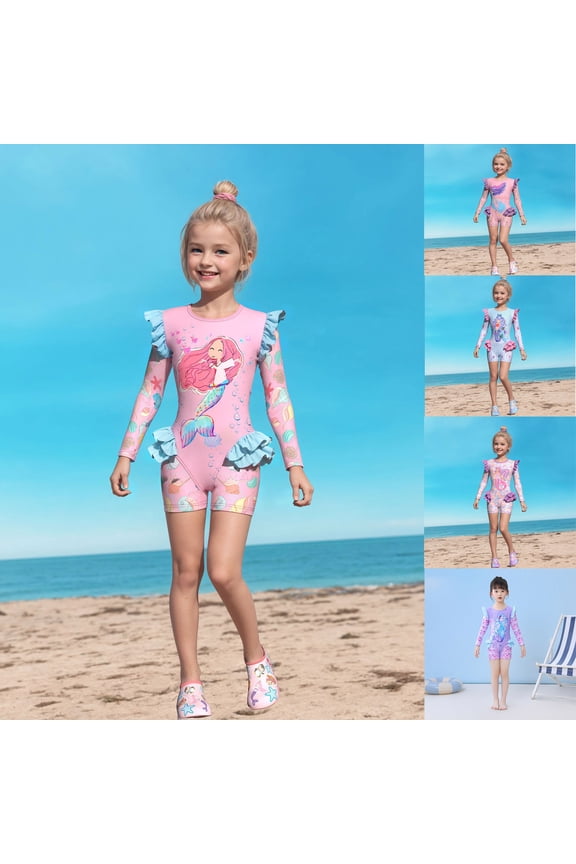 Girl Bathing Suit Girls Long Sleeve Sun Protective Swimwear Princess Print Rash Guard and Swim Shorts Set for Hot Weather Pink -