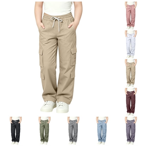 sususu Girls Cargo Pants Size 7-8 Kids Drawstring Elastic Waist Casual Jogger Pants with Pockets (Khaki)