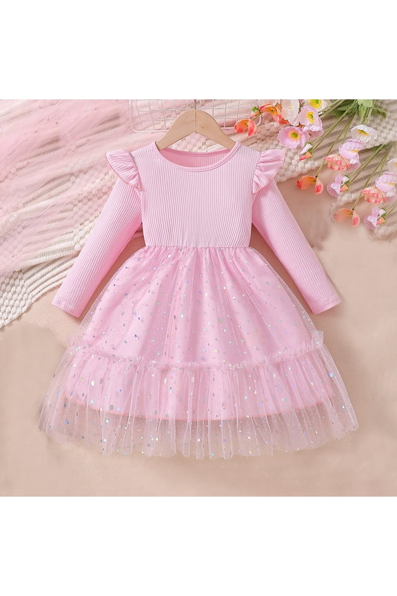 Girls Long Sleeve Dress Sequin Party Gown Elegant Layered Mesh Dress Summer Casual A-line Sundress Pink 5-6 Years
