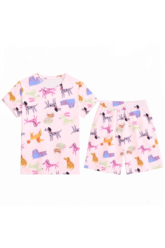 Girls Outfits 2 piece Animal Print Short Sleeve Pajama Set Soft Summer Sleepwear for Toddlers and Kids Age 3-12 Years,Pink,8-9 Years