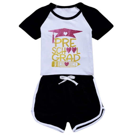 sususu Girls Outfits 2 piece Graduation Season Printed Short Sleeve Top and Pants Outfit Set for Toddlers and Kids,Black,6-7 Years