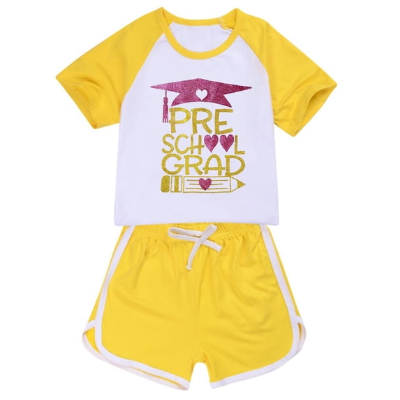 sususu Girls Outfits 2 piece Graduation Season Printed Short Sleeve Top and Pants Outfit Set for Toddlers and Kids,Yellow,5-6 Years