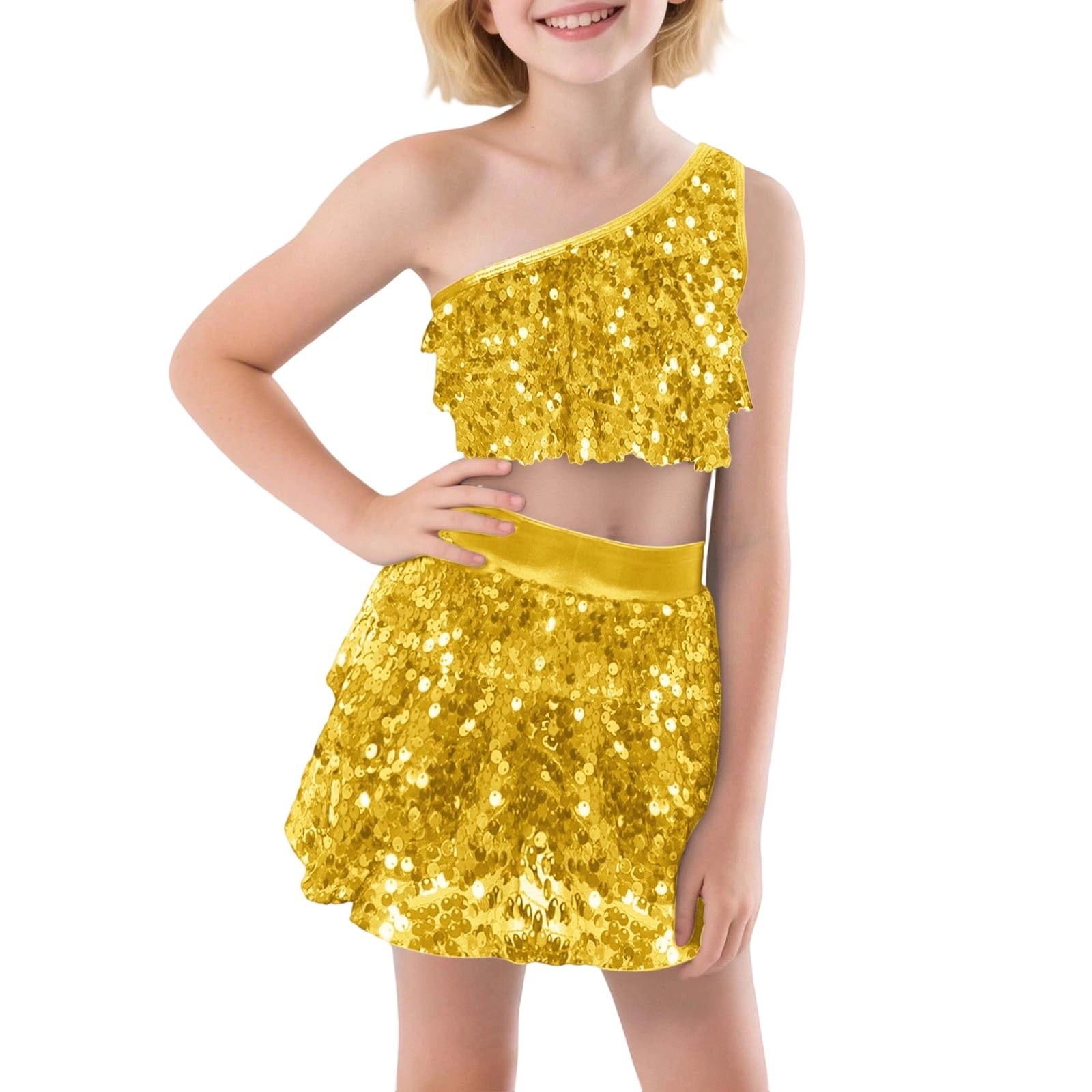 Sususu Girls Outfits 2 Piece Sequin Performance Two Piece Outfit Stretchy Comfort Fit Dance Top and Skirt for Parties and Shows,Gold,6-7 Years, Girl's