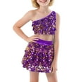 thumbnail image 1 of sususu Girls Outfits 2 piece Sequin Performance Two Piece Outfit Stretchy Comfort Fit Dance Top And Skirt For Parties And Shows,Purple,8-9 Years, 1 of 6
