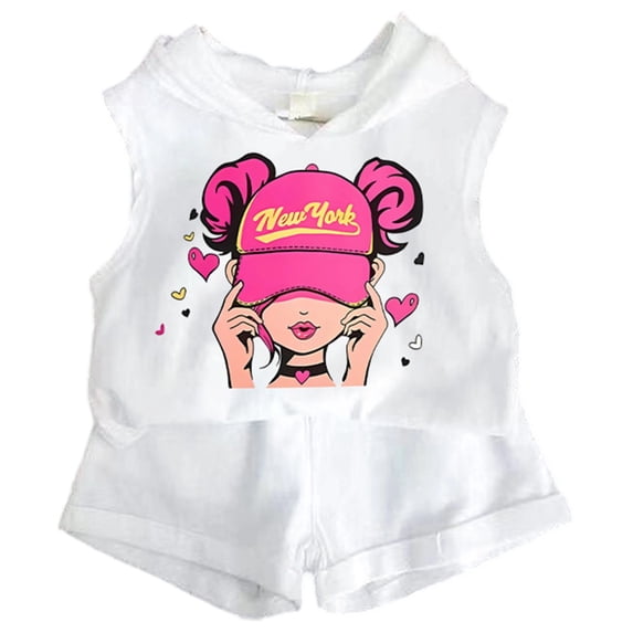 sususu Girls Outfits 2 piece Summer Casual Playwear Set Cute Printed Tank Top And Shorts Toddler Kids Two Piece Outfit Comfortable For Ages 2 to 13 Years,White2,3-4 Years