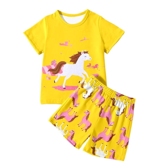 sususu Girls Outfits 2 piece Summer Casual Playwear Set Featuring Adorable Cartoon Horse Print For Toddler Kids Daily Outdoor Activities Comfortable Short Sleeve And Shorts,Yellow,11-12 Years