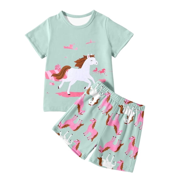 sususu Girls Outfits 2 piece Summer Casual Playwear Set Featuring Adorable Cartoon Horse Print For Toddler Kids Daily Outdoor Activities Comfortable Short Sleeve And Shorts,Mint Green,4-5 Years
