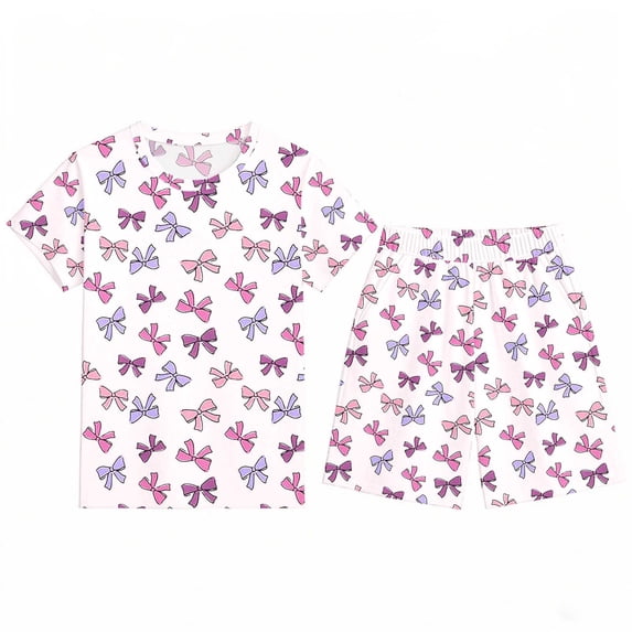 sususu Girls Outfits 2 piece Summer Casual Playwear Set Featuring Adorable Cartoon Print For Toddler Kids Daily Outdoor Activities Comfortable Short Sleeve And Shorts Pink 11-12 Years