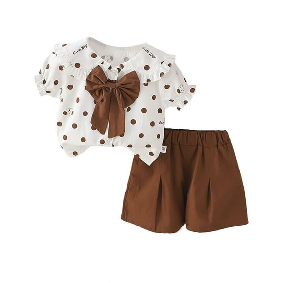 sususu Girls Outfits 2 piece Summer Casual Two Piece Outfit Set Dotted Bow Short Sleeve Playwear For Toddlers Comfortable Elastic Waist 1 5 Years Old,Brown,2-3 Years