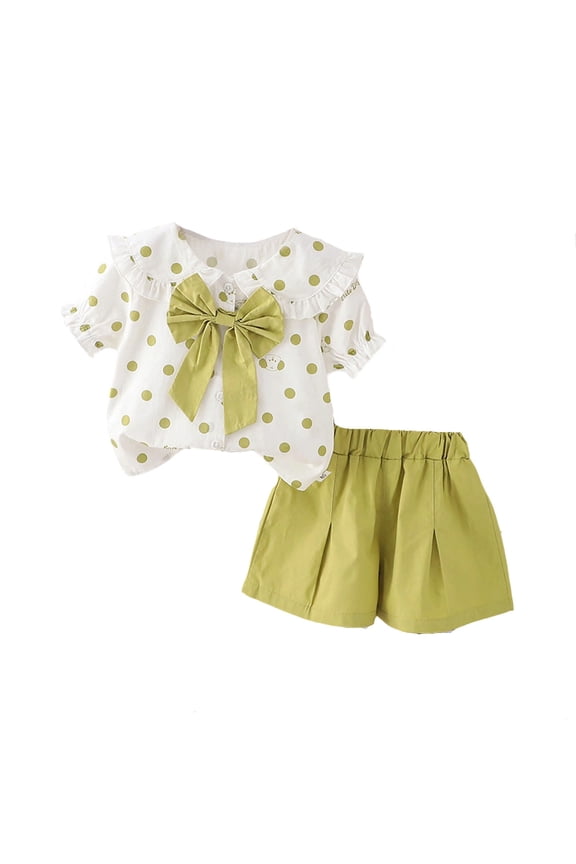 Girls Outfits 2 piece Summer Casual Two Piece Outfit Set Dotted Bow Short Sleeve Playwear For Toddlers Comfortable Elastic Waist 1 5 Years Old,Green,2-3 Years
