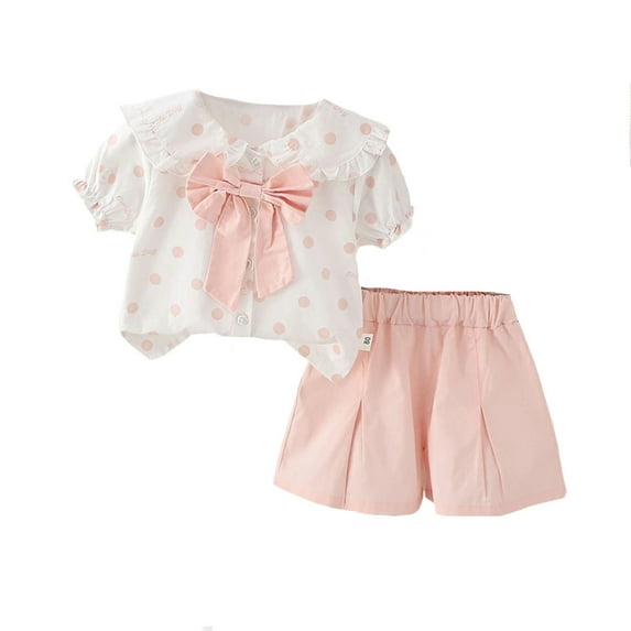 sususu Girls Outfits 2 piece Summer Casual Two Piece Outfit Set Dotted Bow Short Sleeve Playwear For Toddlers Comfortable Elastic Waist 1 5 Years Old,Pink,4-5 Years