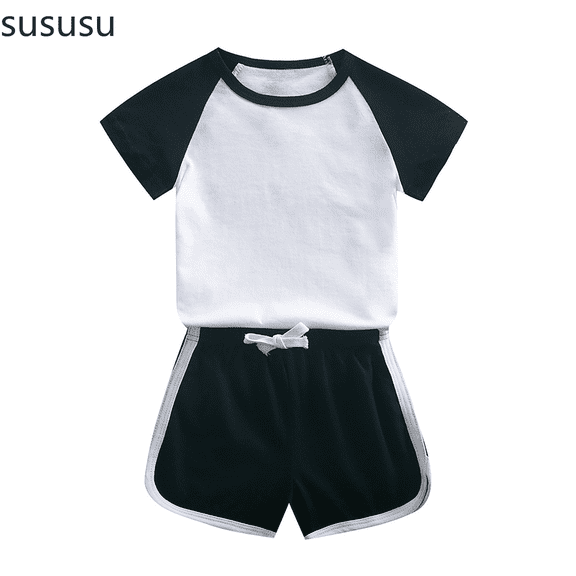 sususu Girls Outfits 2 piece Summer Casual Two Piece Outfit Soft Short Sleeve Top and Shorts Set Comfort Playwear,Black,2-3 Years