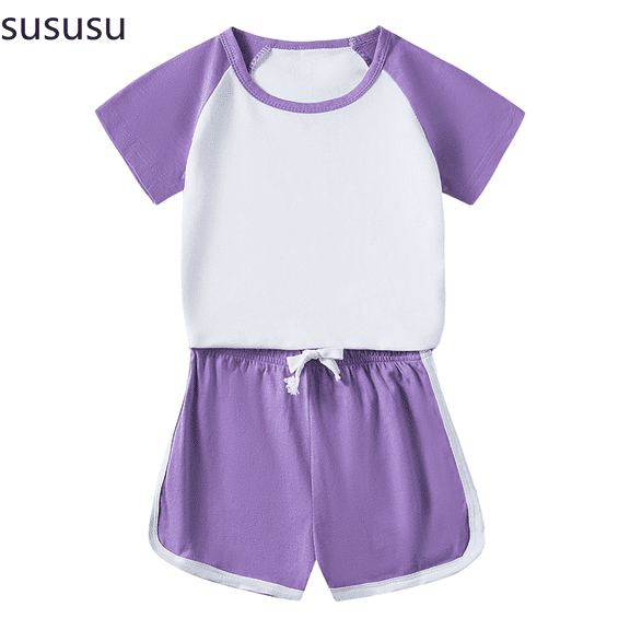 sususu Girls Outfits 2 piece Summer Casual Two Piece Outfit Soft Short Sleeve Top and Shorts Set Comfort Playwear,Purple,7-8 Years