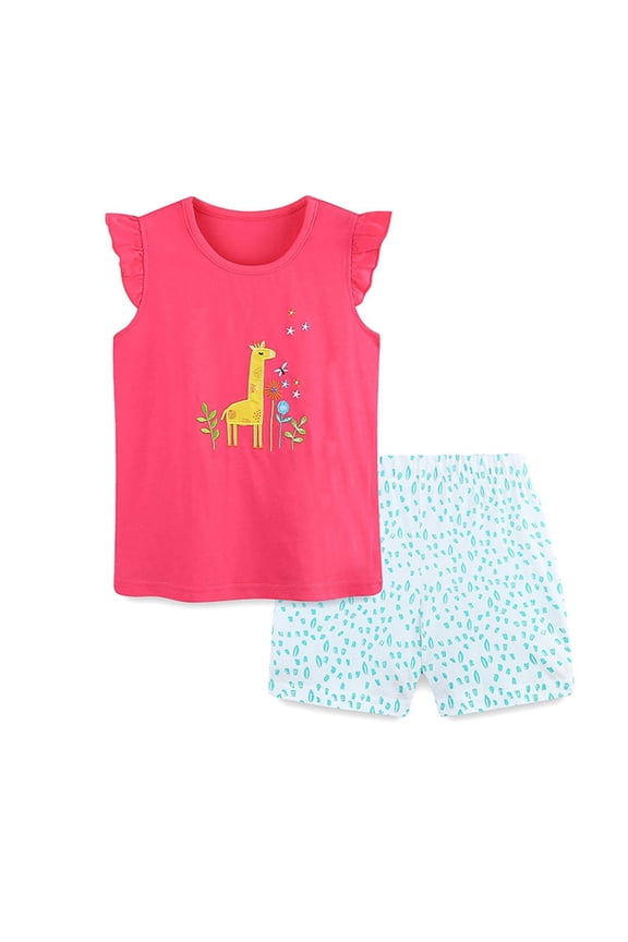 Girls Outfits 2 piece Summer Outfit Set Cute Cartoon Print Fly Sleeve Tee with Plaid Shorts Two Piece Clothing for Toddlers,Hot Pink,6-7 Years