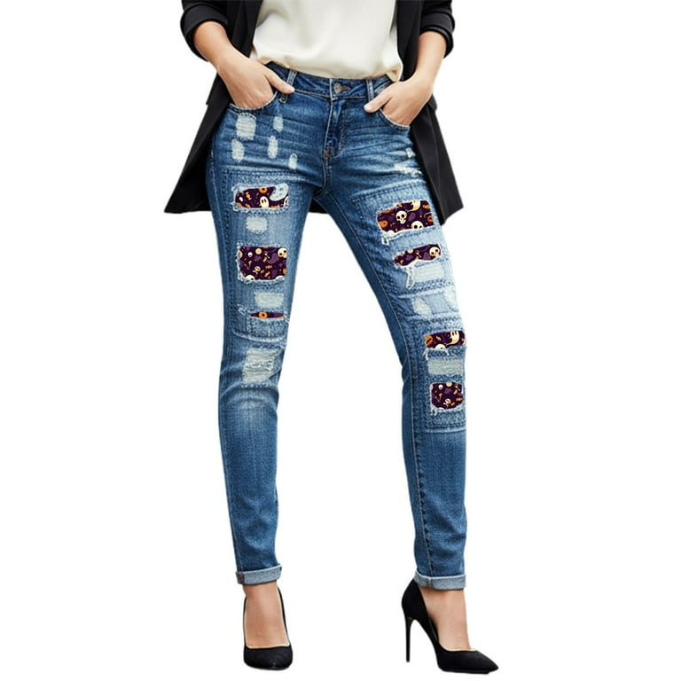sususu Halloween Themed Distressed Skinny Jeans Plaid Patch