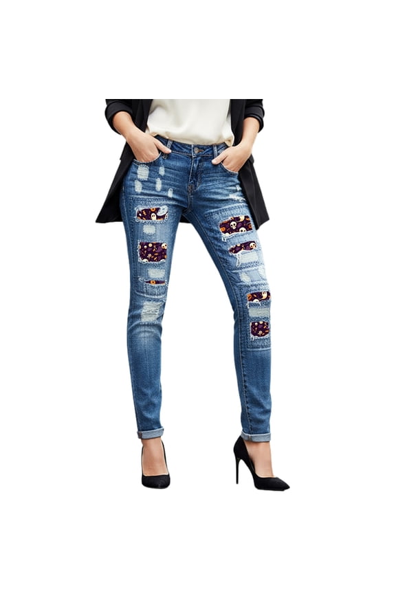 Halloween Themed Distressed Skinny Jeans Plaid Patch Boyfriend Denim Pants Straight Leg No Rip Design Comfortable Stretch Daily Wear Versatile Fashion,Blue,S