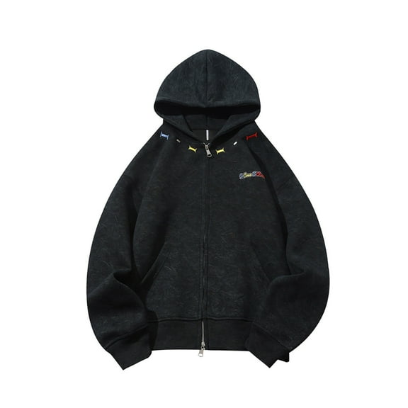 sususu Hoodies for Men Fall Winter Embroidered Outdoor Casual Style Double Zip Hooded Sweatshirt,Black,XXL