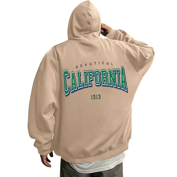 sususu Hoodies for Men Letter Print Hooded Sweatshirt Casual Pullover With Front Pocket Comfortable Streetwear For Daily Wear,Khaki,M